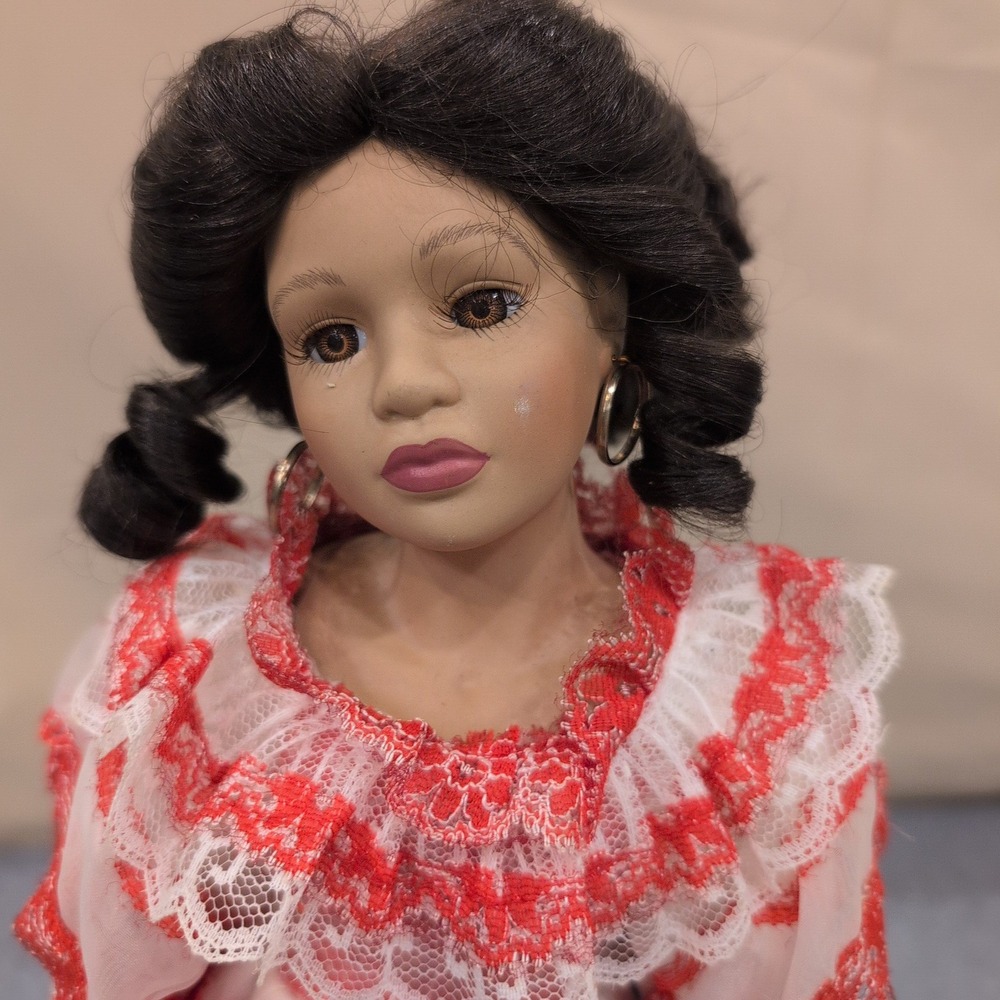 Ashley Belle Porcelain Mexican Doll With Stand Red White Lace Dress Hoop Earring - Picture 2 of 5